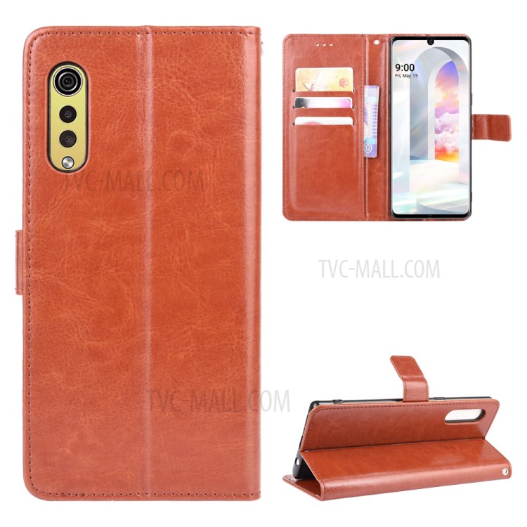 Crazy Horse Texture Wallet Stand Leather Phone Case for LG Velvet - Brown-1
