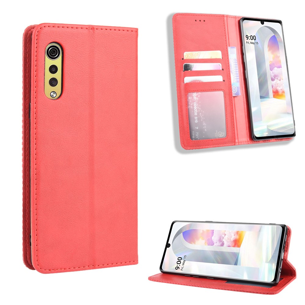 Auto-absorbed Retro PU Leather Shell Wallet Cell Phone Cover for LG Velvet - Red-1