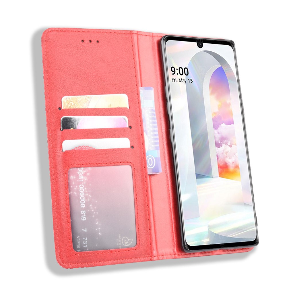 Auto-absorbed Retro PU Leather Shell Wallet Cell Phone Cover for LG Velvet - Red-5