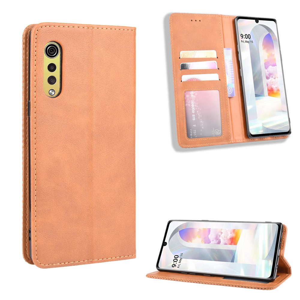 Auto-absorbed Retro PU Leather Shell Wallet Cell Phone Cover for LG Velvet - Brown-1