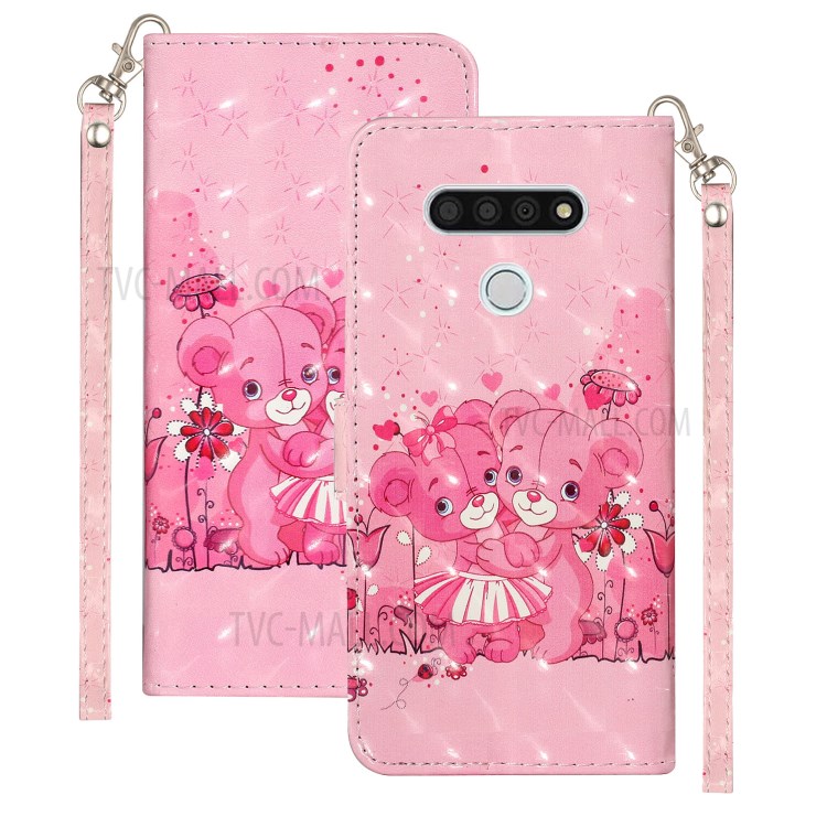Light Spot Decor Patterned Leather Wallet Stand Case for LG K51 - Bear and Flower-1