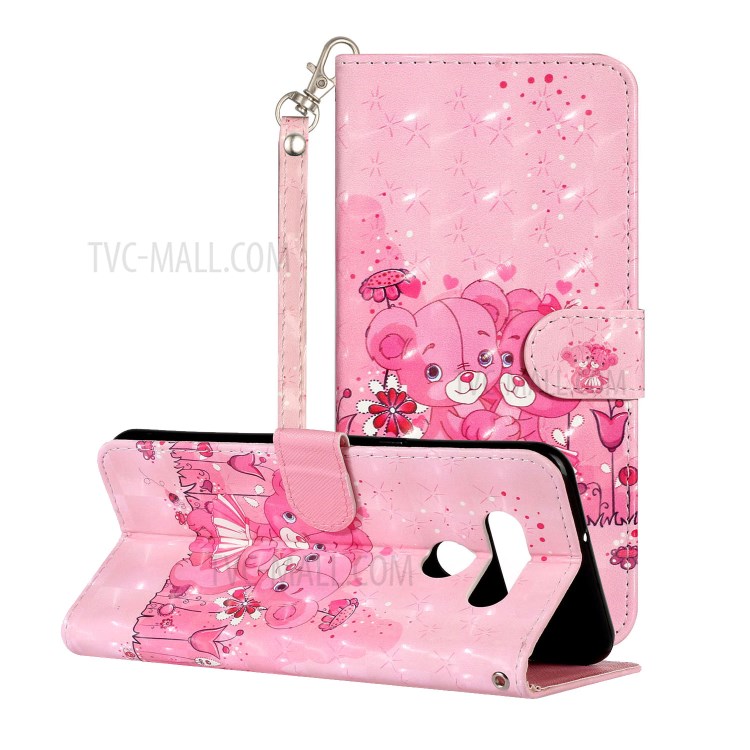 Light Spot Decor Patterned Leather Wallet Stand Case for LG K51 - Bear and Flower-2