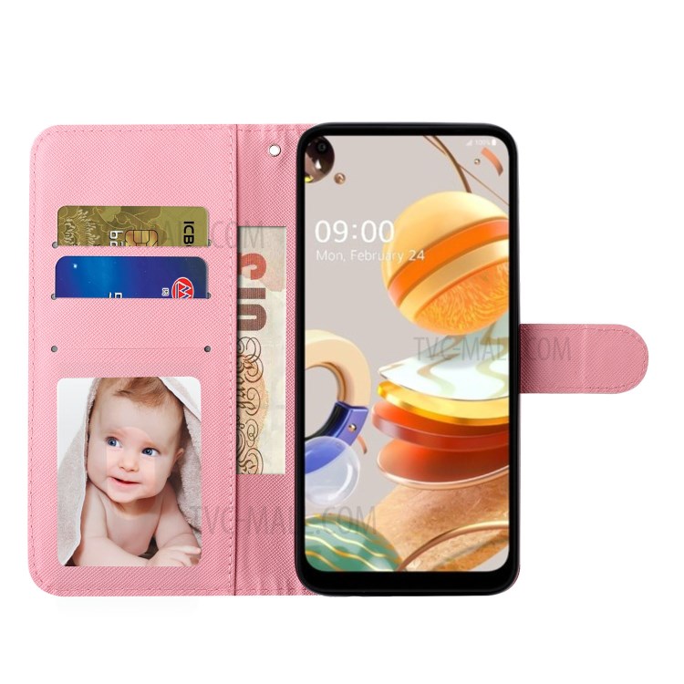 Light Spot Decor Patterned Leather Wallet Stand Case for LG K51 - Bear and Flower-7