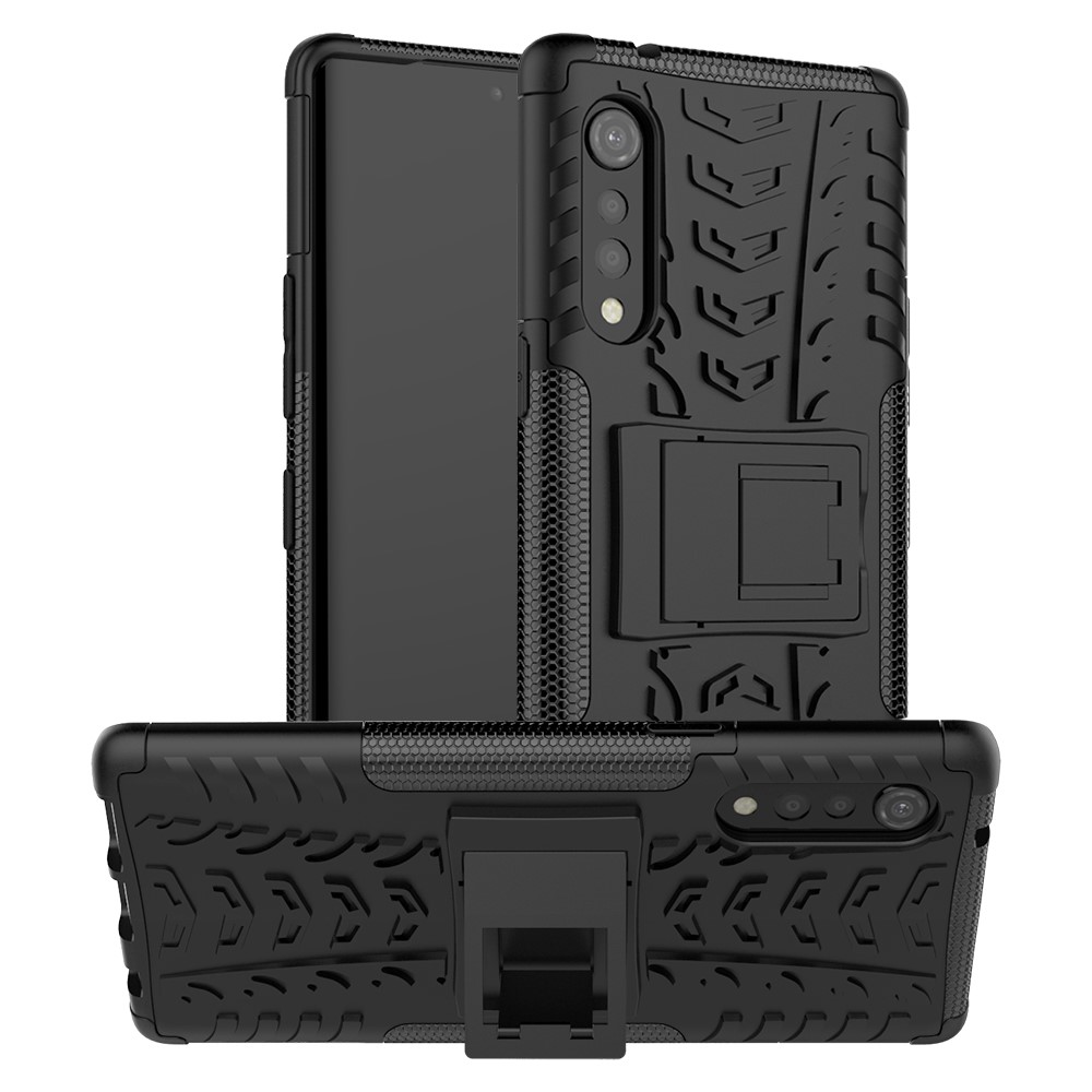Cool Tyre Pattern PC + TPU Anti-slip Phone Shell with Kickstand for LG Velvet - Black-1