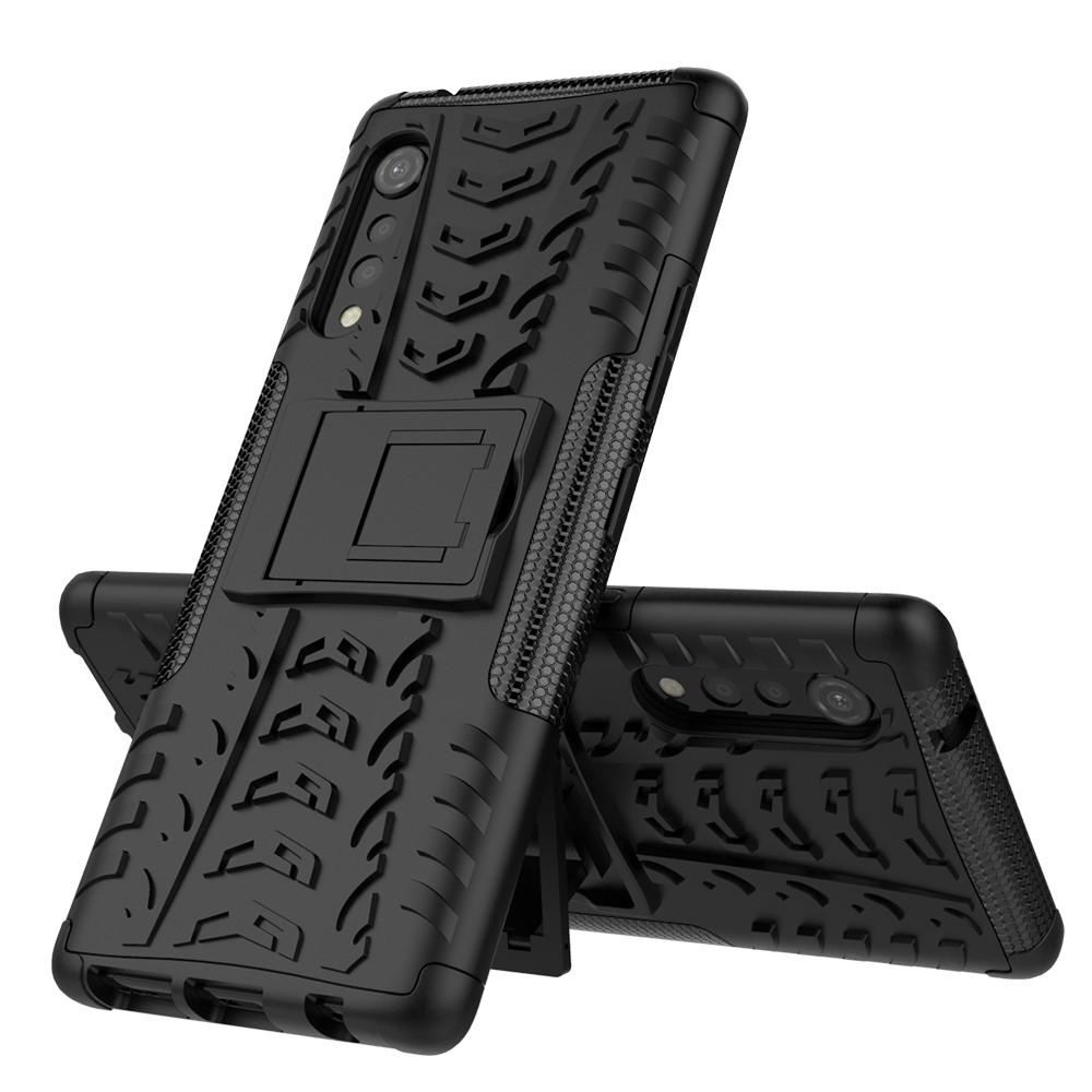 Cool Tyre Pattern PC + TPU Anti-slip Phone Shell with Kickstand for LG Velvet - Black-2