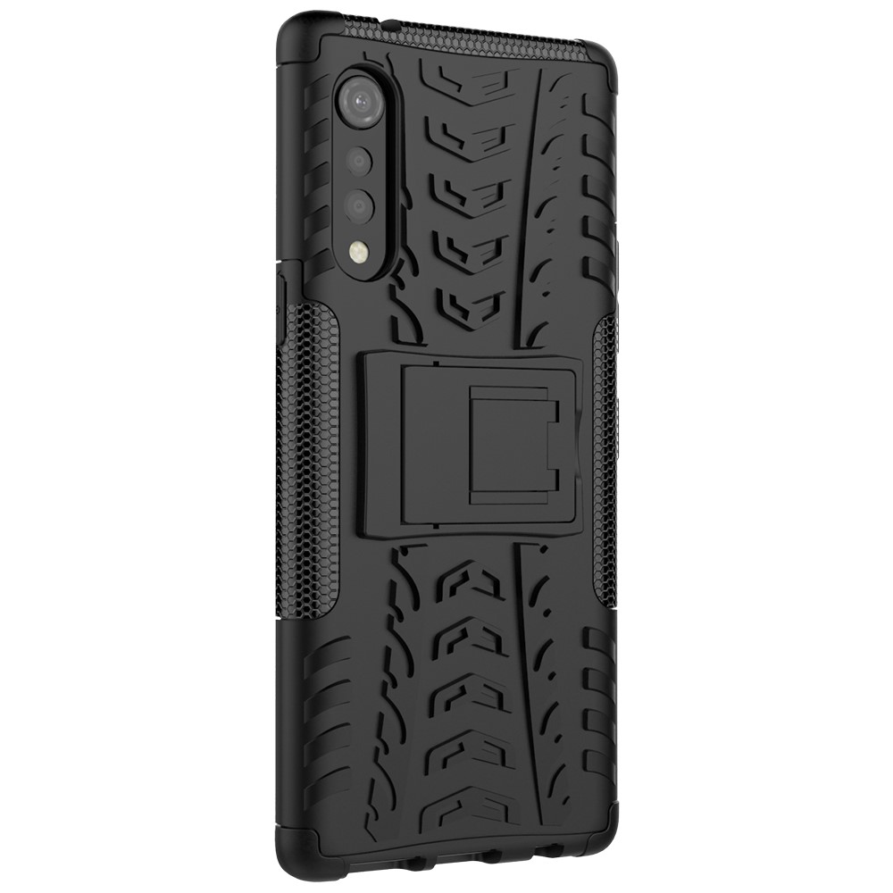 Cool Tyre Pattern PC + TPU Anti-slip Phone Shell with Kickstand for LG Velvet - Black-5