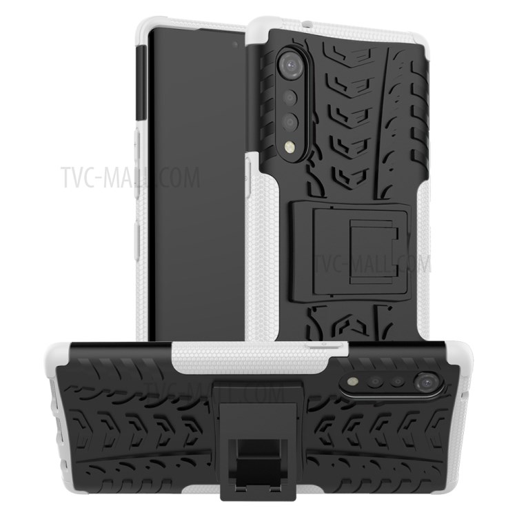 Cool Tyre Pattern PC + TPU Anti-slip Phone Shell with Kickstand for LG Velvet - White-1