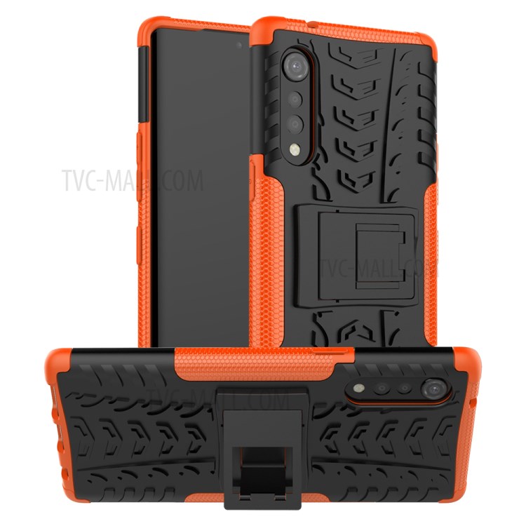 Cool Tyre Pattern PC + TPU Anti-slip Phone Shell with Kickstand for LG Velvet - Orange-1