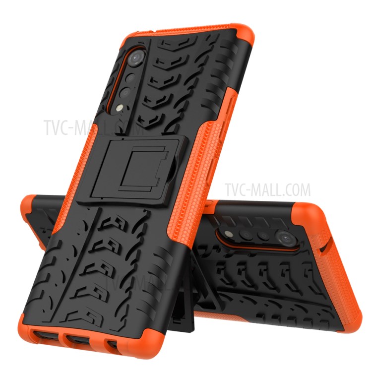 Cool Tyre Pattern PC + TPU Anti-slip Phone Shell with Kickstand for LG Velvet - Orange-2