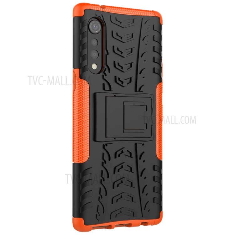 Cool Tyre Pattern PC + TPU Anti-slip Phone Shell with Kickstand for LG Velvet - Orange-5
