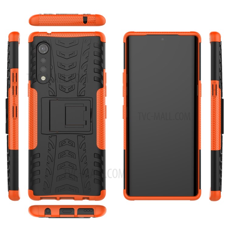 Cool Tyre Pattern PC + TPU Anti-slip Phone Shell with Kickstand for LG Velvet - Orange-9