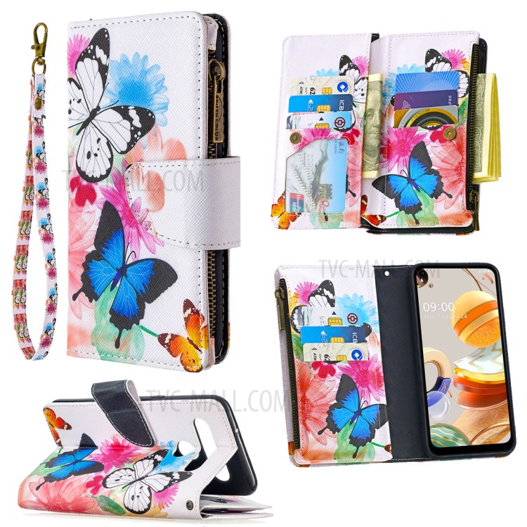 BF03 Pattern Printing Case Zipper Wallet Leather Shell for LG K61 - Vivid Butterfly-1
