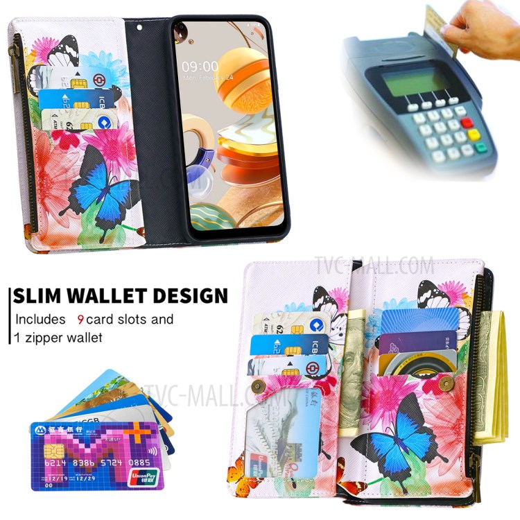 BF03 Pattern Printing Case Zipper Wallet Leather Shell for LG K61 - Vivid Butterfly-6