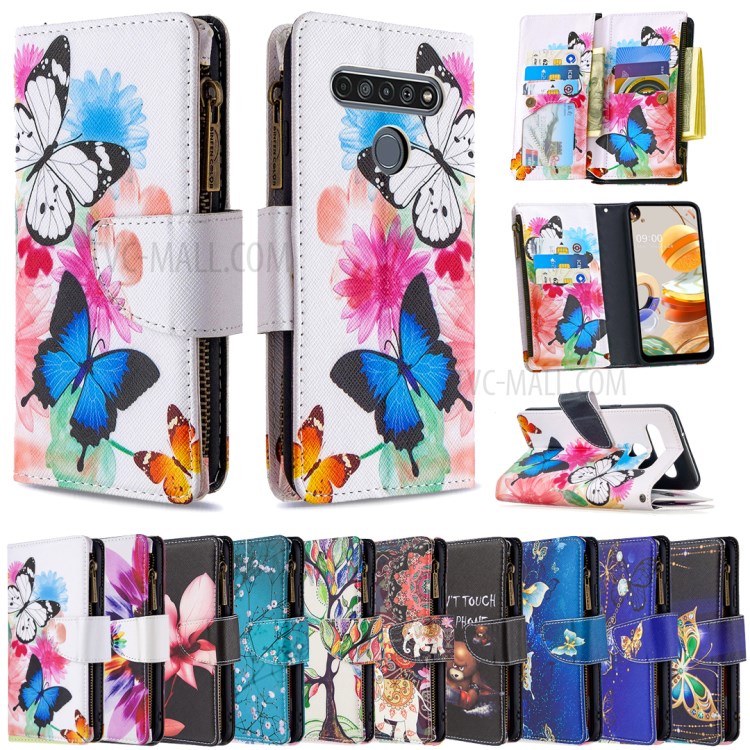 BF03 Pattern Printing Case Zipper Wallet Leather Shell for LG K61 - Vivid Butterfly-9