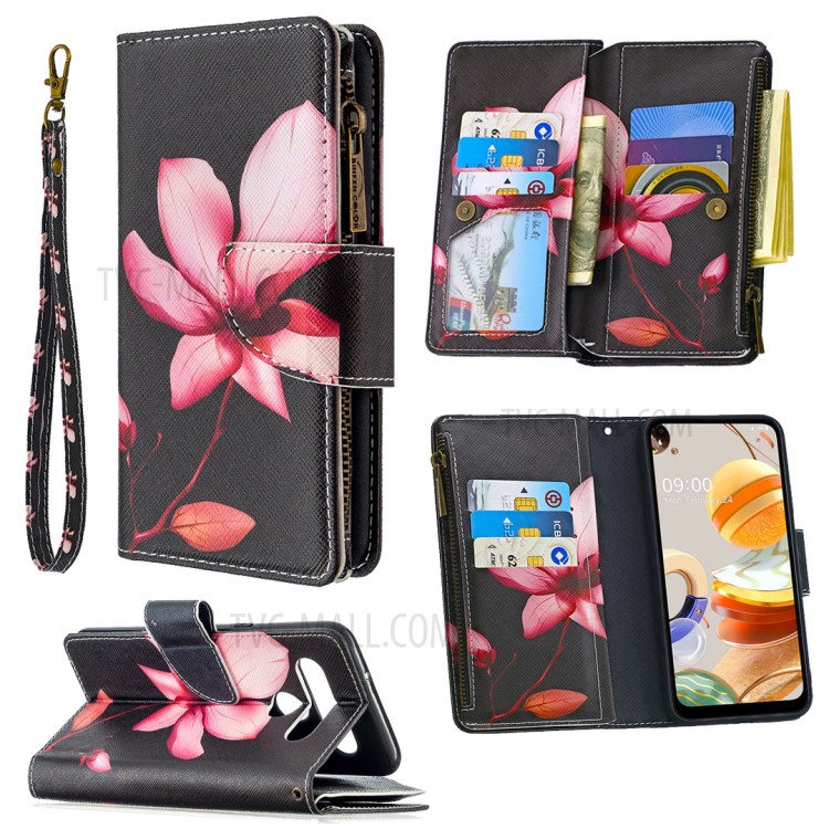 BF03 Pattern Printing Case Zipper Wallet Leather Shell for LG K61 - Flower-1