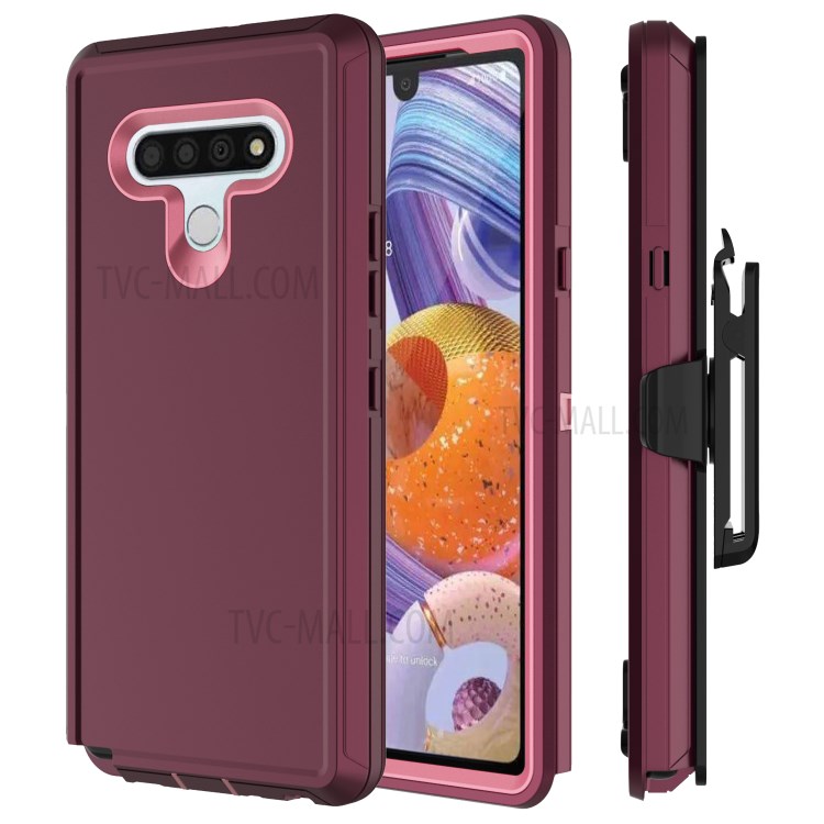 Shockproof PC + TPU Hybrid Mobile Case with Belt Clip Kickstand for LG Stylo 6 - Wine Rose / Pink-1