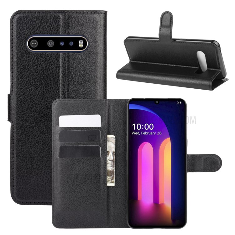 Litchi Texture Wallet Stand Leather Shell Cover for LG V60 ThinQ 5G - Black-1