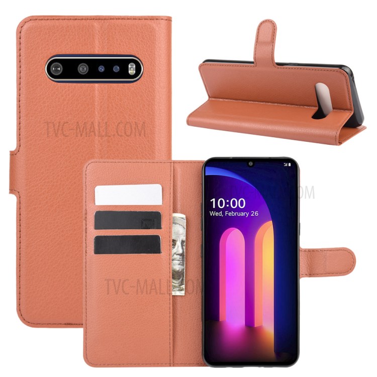 Litchi Texture Wallet Stand Leather Shell Cover for LG V60 ThinQ 5G - Brown-1