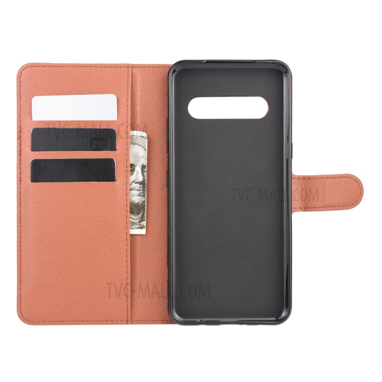 Litchi Texture Wallet Stand Leather Shell Cover for LG V60 ThinQ 5G - Brown-3
