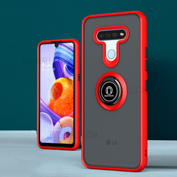 360° Rotatable Ring Kickstand Matte Surface PC + TPU Hybrid Case for LG K51 - Red/Black Button-1