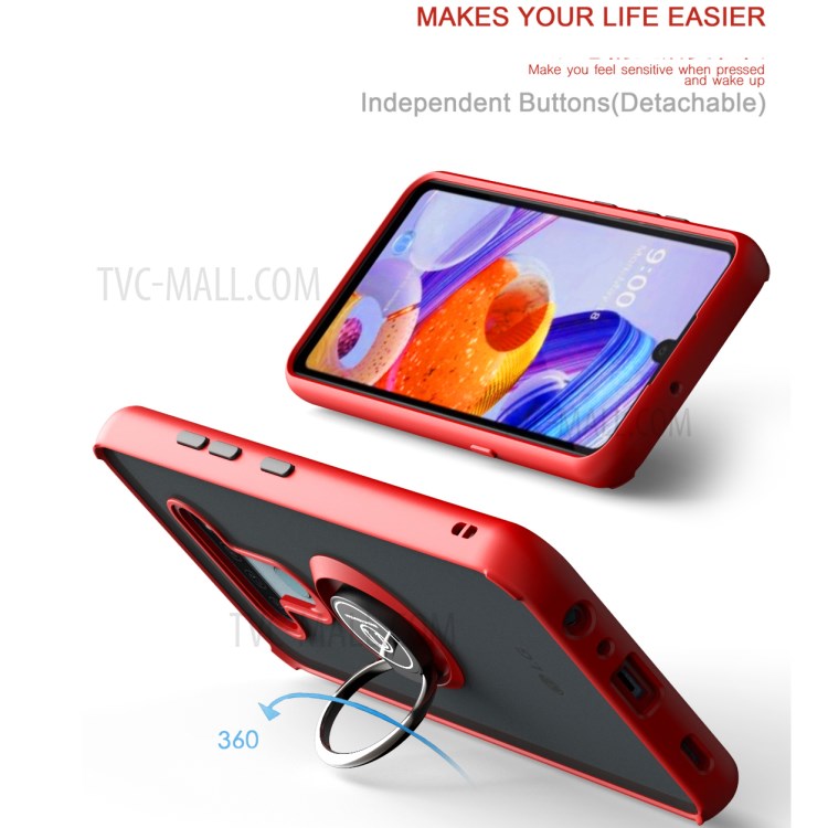 360° Rotatable Ring Kickstand Matte Surface PC + TPU Hybrid Case for LG K51 - Red/Black Button-2