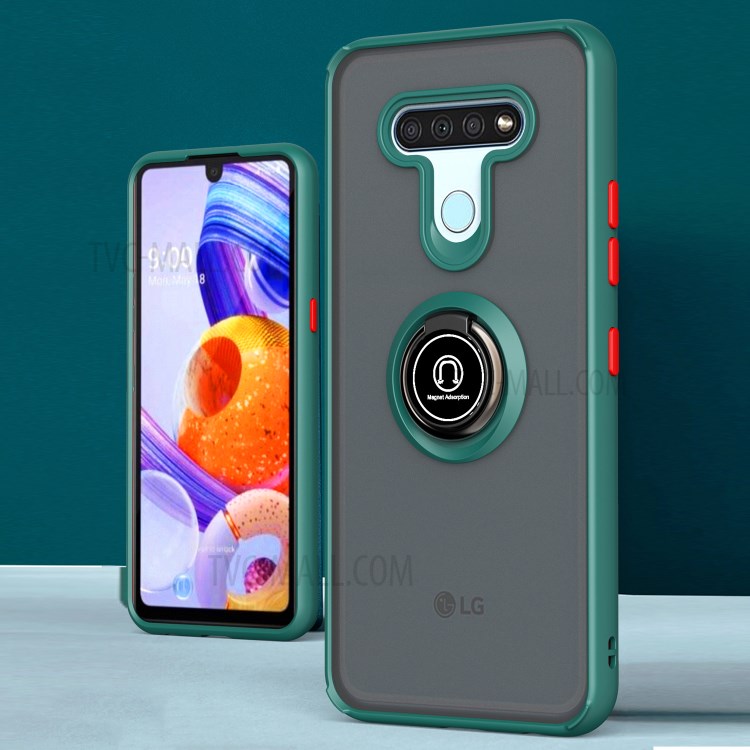 360° Rotatable Ring Kickstand Matte Surface PC + TPU Hybrid Case for LG K51 - Cyan/Red Button-1