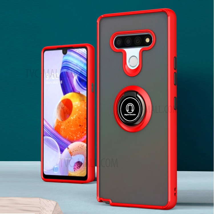 360° Rotatable Ring Kickstand Matte Surface PC + TPU Hybrid Shell for LG Stylo 6 - Red/Black Button-1