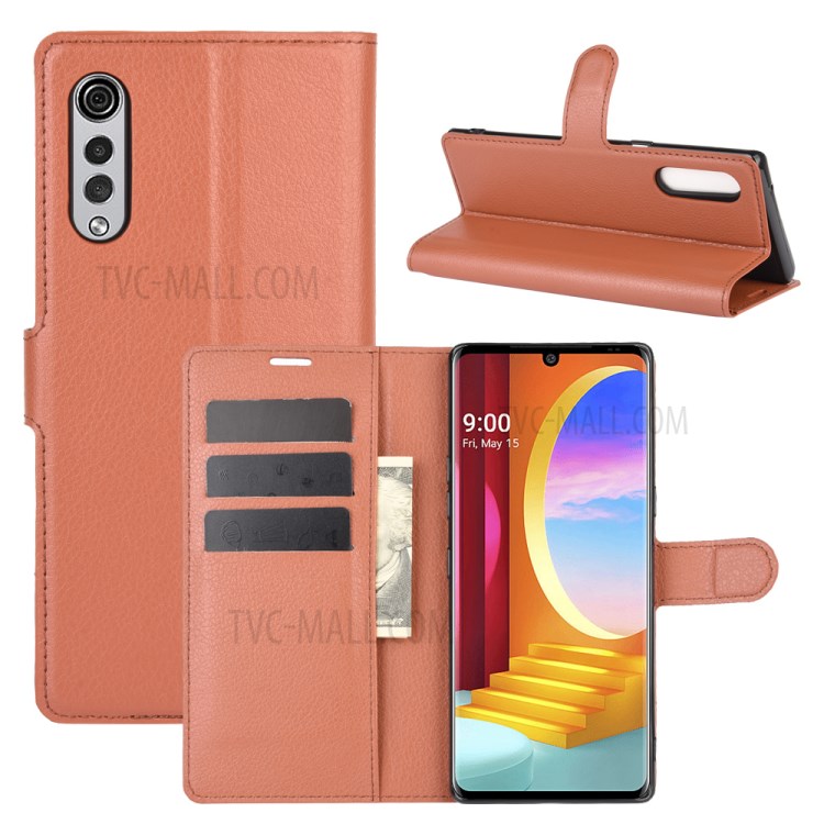 Litchi Skin Wallet Leather Stand Case for LG Velvet - Brown-1