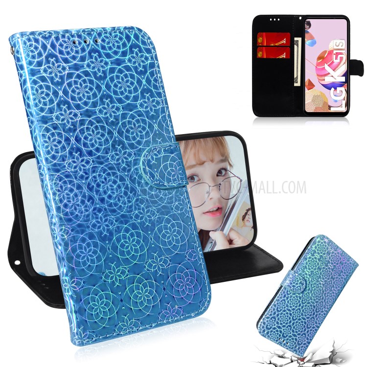 Flower Pattern Magnetic Shiny Surface Leather Shell for LG K51S/K41S - Blue-1