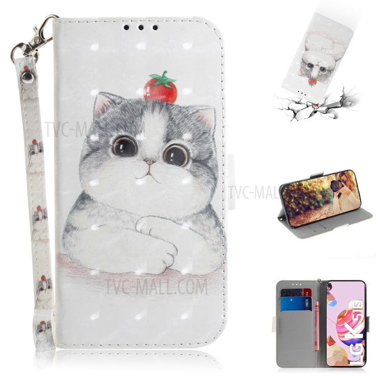 Pattern Printing Light Spot Decor Leather Wallet Casing with Lanyard for LG K41S / LG K51S - Cute Cat-1