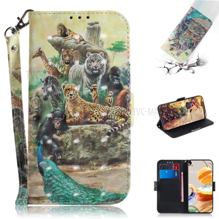 Pattern Printing Light Spot Decor Leather Wallet Casing with Lanyard for LG K61 - Animal World-1