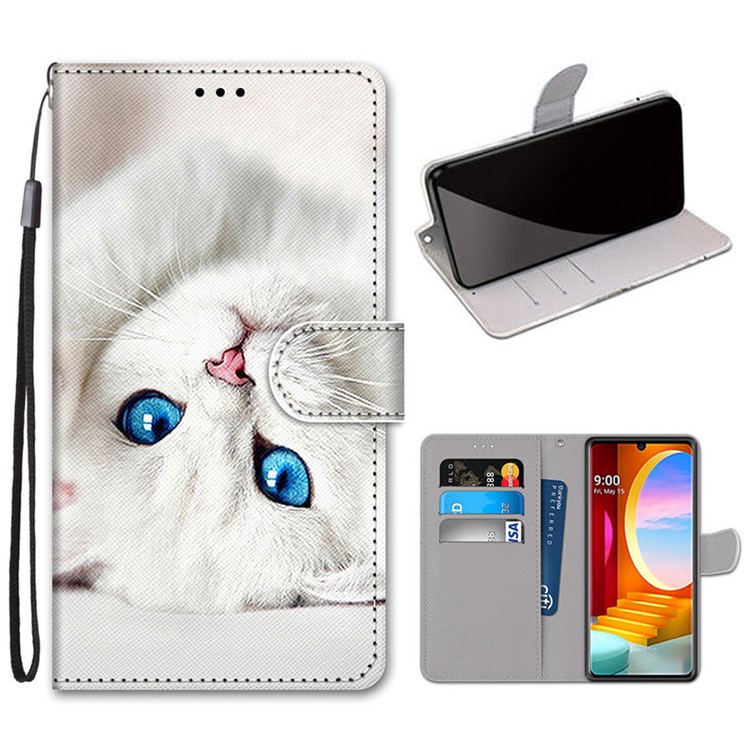 Pattern Printing Cross Texture Leather Wallet Phone Shell with Strap for LG Velvet - White Cat-1