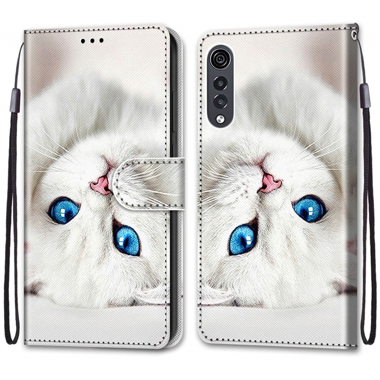Pattern Printing Cross Texture Leather Wallet Phone Shell with Strap for LG Velvet - White Cat-2