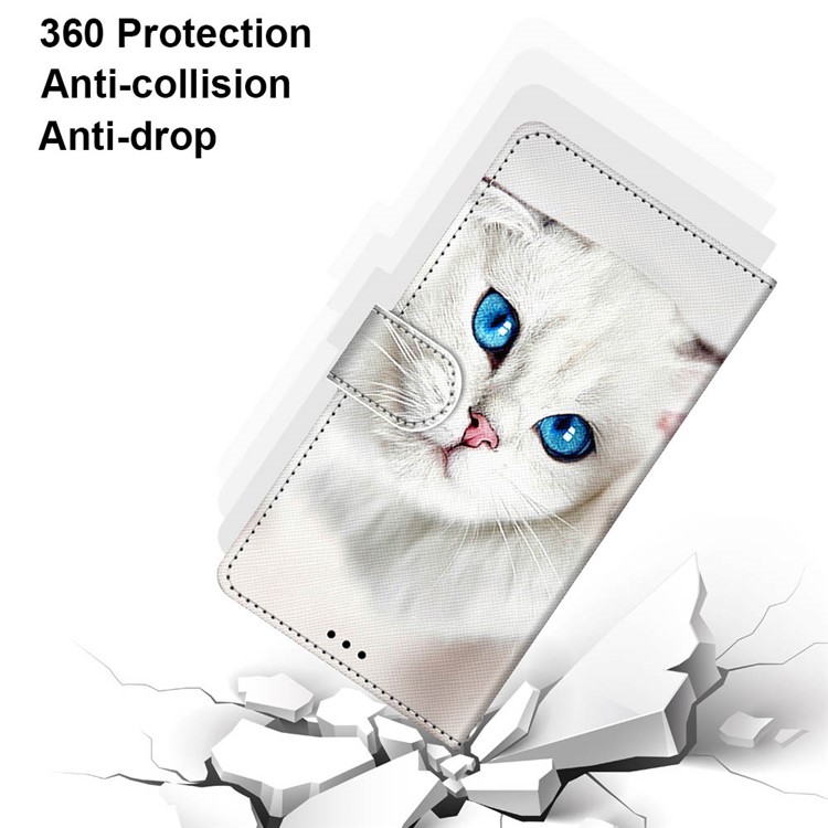 Pattern Printing Cross Texture Leather Wallet Phone Shell with Strap for LG Velvet - White Cat-4