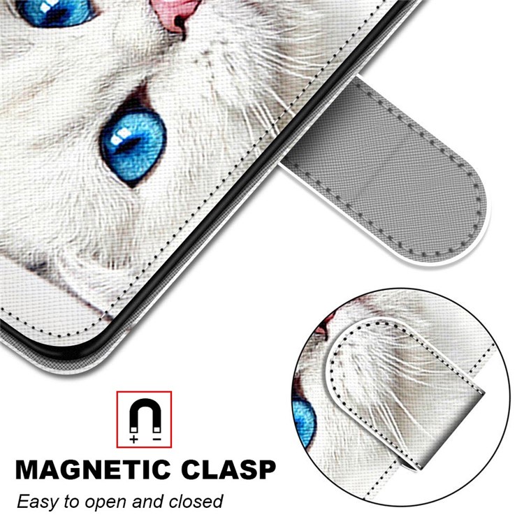 Pattern Printing Cross Texture Leather Wallet Phone Shell with Strap for LG Velvet - White Cat-6