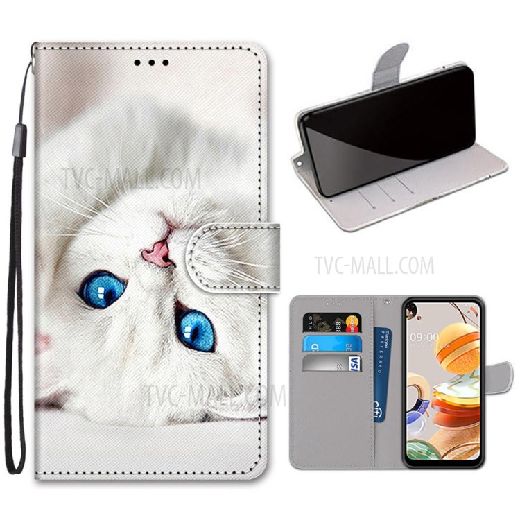 Patterned Cross Texture Protector Leather Wallet Cover with Strap for LG K61 - White Cat-1