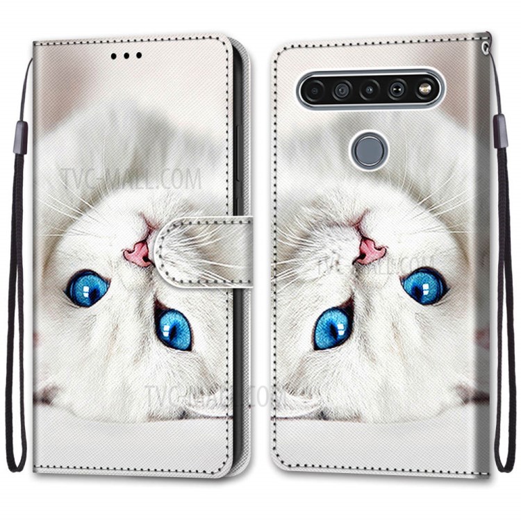 Patterned Cross Texture Protector Leather Wallet Cover with Strap for LG K61 - White Cat-2