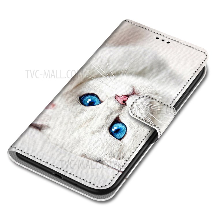 Patterned Cross Texture Protector Leather Wallet Cover with Strap for LG K61 - White Cat-3