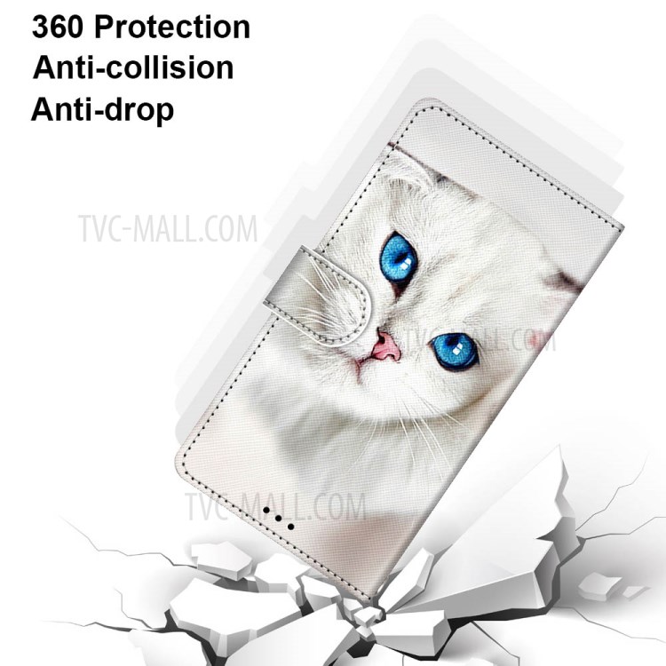 Patterned Cross Texture Protector Leather Wallet Cover with Strap for LG K61 - White Cat-4
