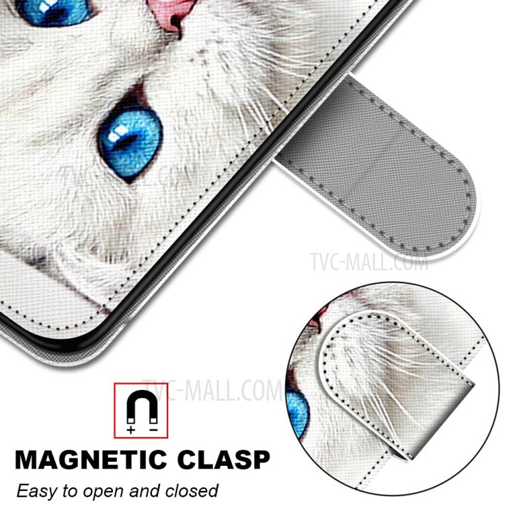 Patterned Cross Texture Protector Leather Wallet Cover with Strap for LG K61 - White Cat-6