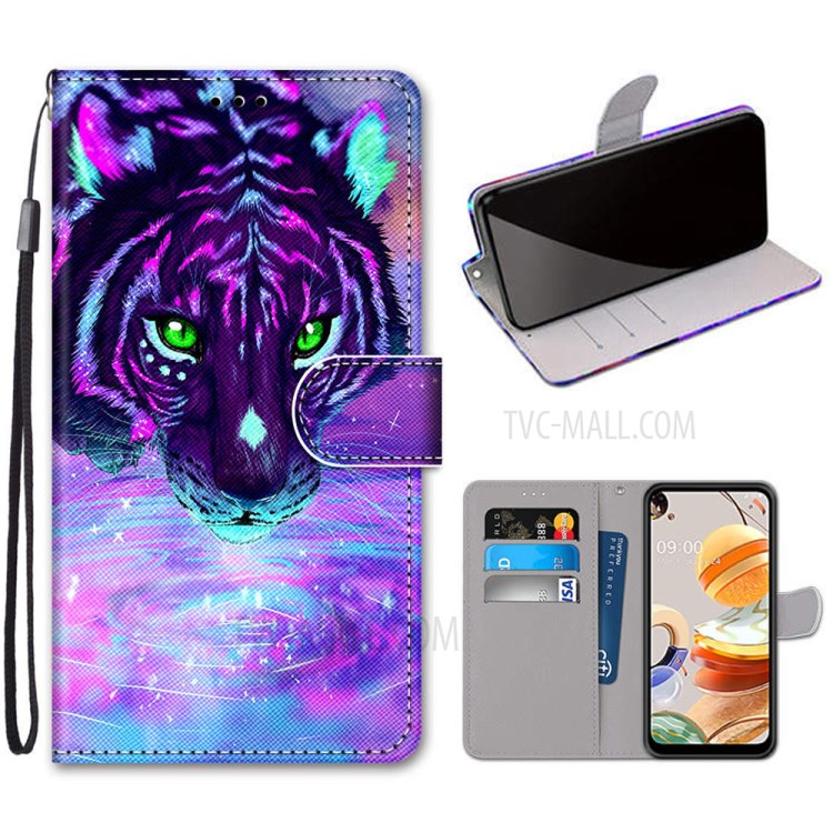 Patterned Cross Texture Protector Leather Wallet Cover with Strap for LG K61 - Tiger-1