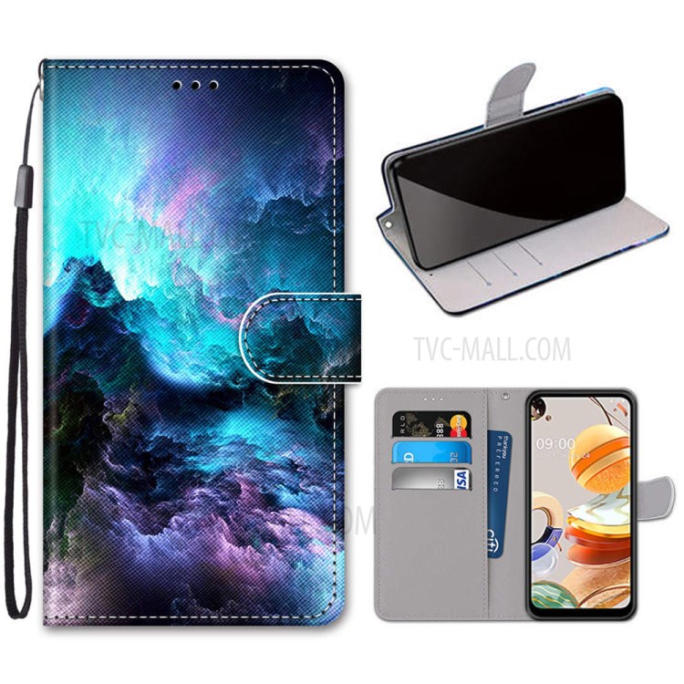 Patterned Cross Texture Protector Leather Wallet Cover with Strap for LG K61 - Cloud-1