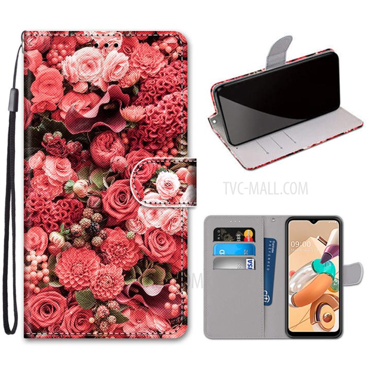 Vivid Patterned Protector Leather Wallet Cover with Lanyard for LG K41S/K51S - Red Flowers-1