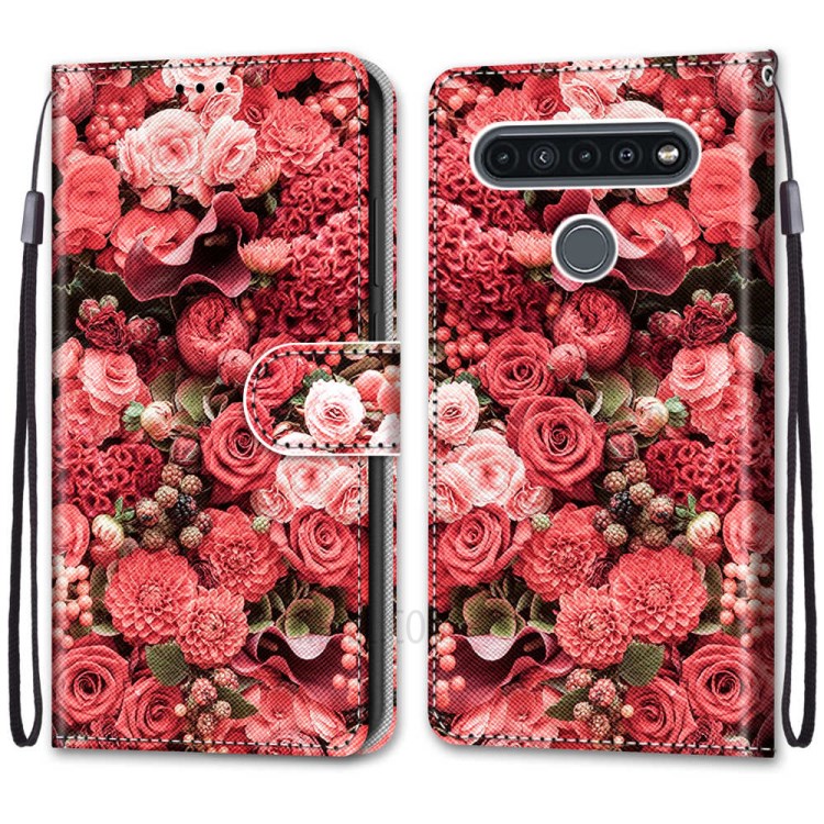 Vivid Patterned Protector Leather Wallet Cover with Lanyard for LG K41S/K51S - Red Flowers-2
