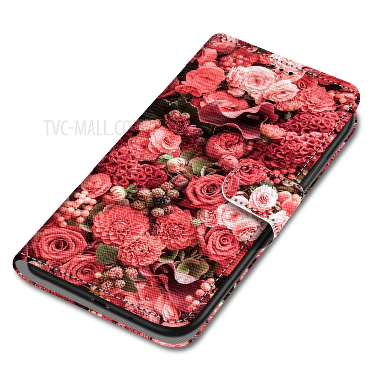 Vivid Patterned Protector Leather Wallet Cover with Lanyard for LG K41S/K51S - Red Flowers-3