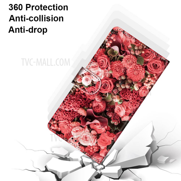 Vivid Patterned Protector Leather Wallet Cover with Lanyard for LG K41S/K51S - Red Flowers-4