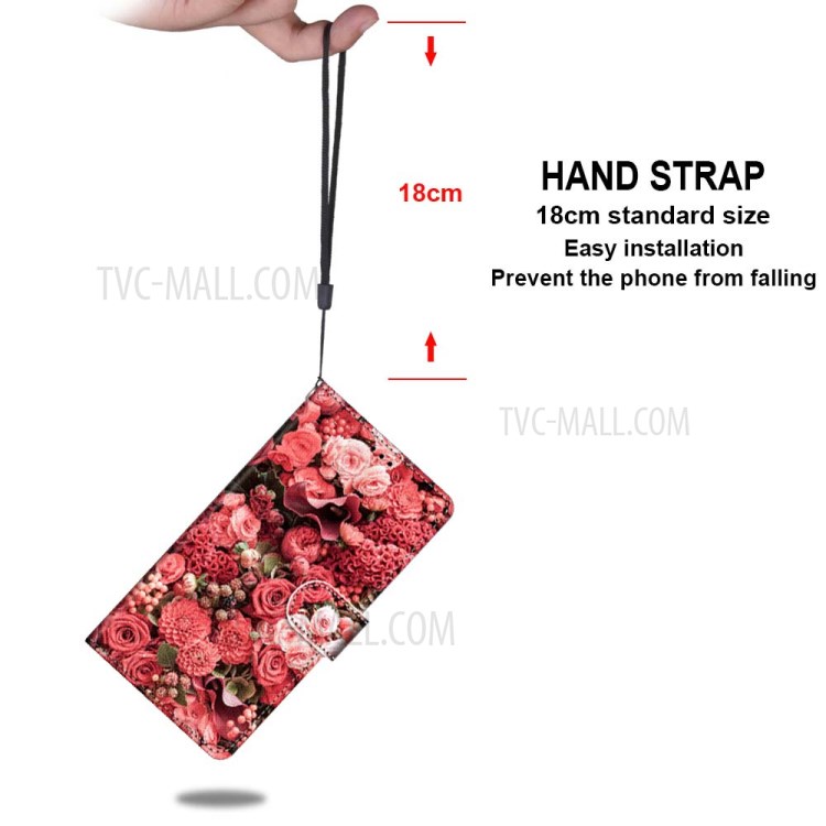 Vivid Patterned Protector Leather Wallet Cover with Lanyard for LG K41S/K51S - Red Flowers-5