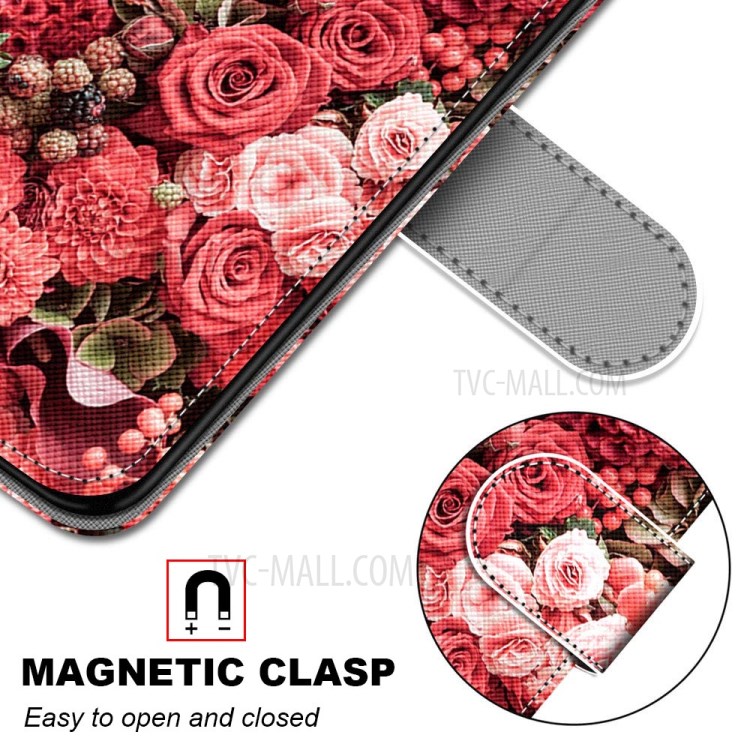 Vivid Patterned Protector Leather Wallet Cover with Lanyard for LG K41S/K51S - Red Flowers-6