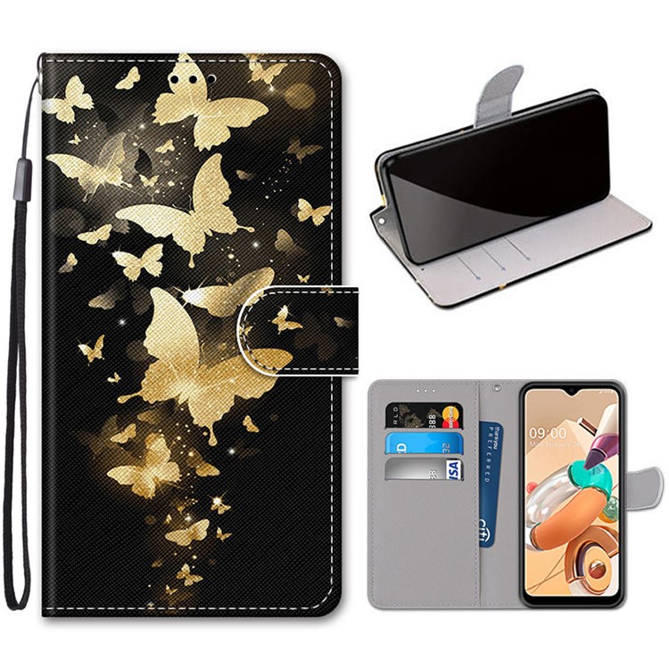 Vivid Patterned Protector Leather Wallet Cover with Lanyard for LG K41S/K51S - Gold Butterfly-1