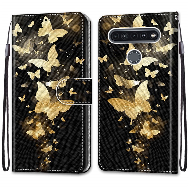Vivid Patterned Protector Leather Wallet Cover with Lanyard for LG K41S/K51S - Gold Butterfly-2